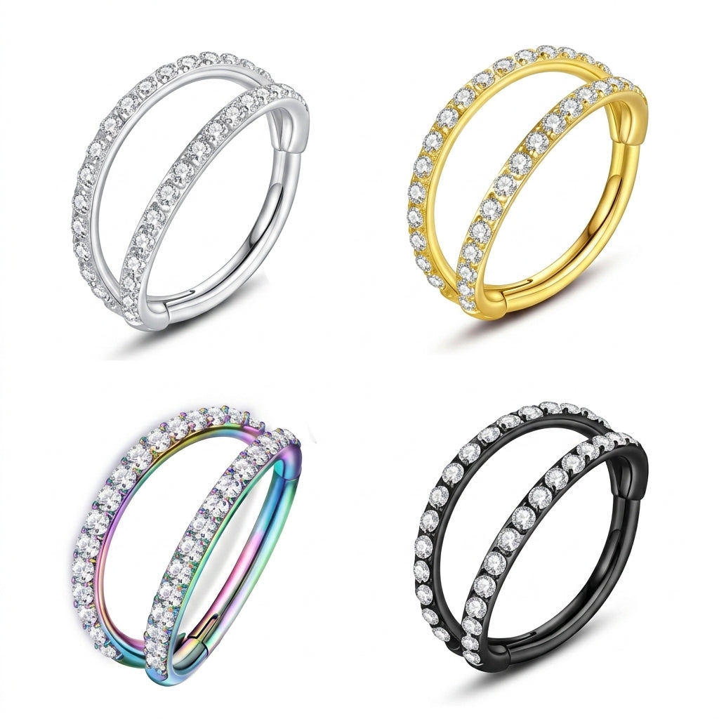 18G Minimal Double Band Pave Nose Ring