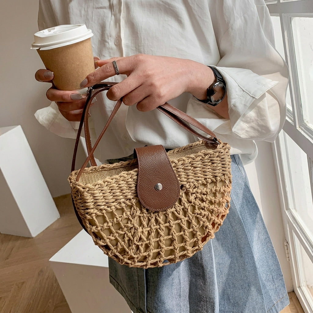 Elegant Rattan Straw Semi-Circle Bag