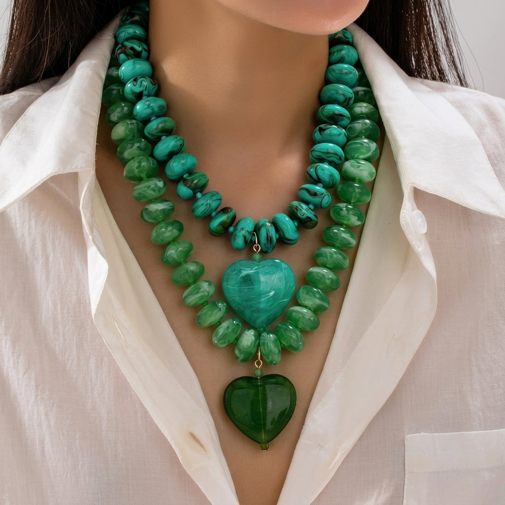 2pc Green & Cyan Beaded Layered Statement Necklaces