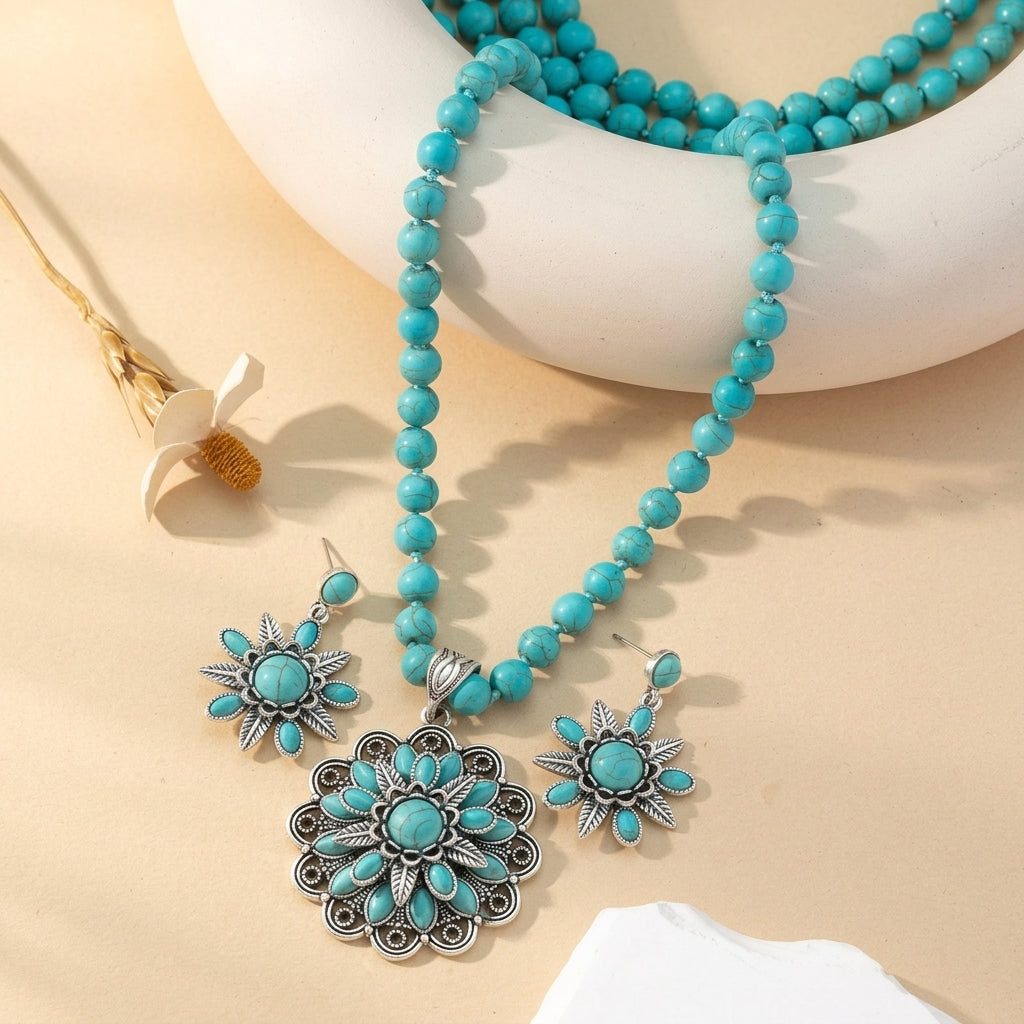 Boho Turquoise Floral Necklace and Earrings Set