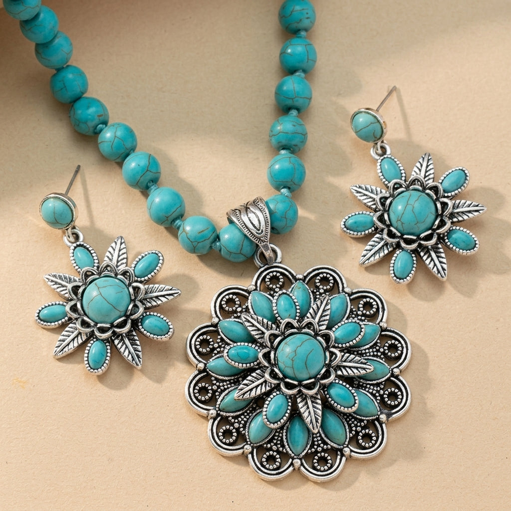 Boho Turquoise Floral Necklace and Earrings Set