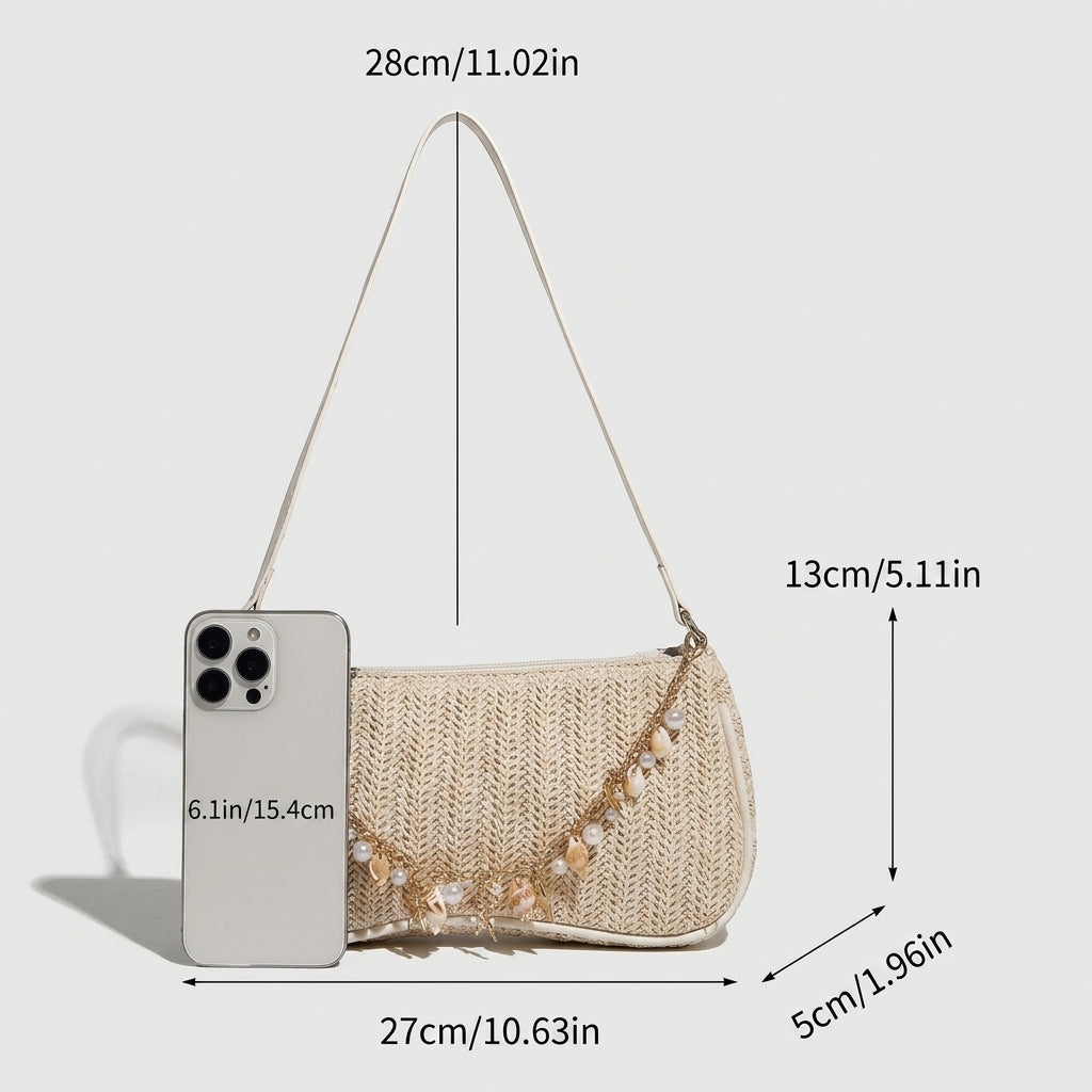 Boho Sea Shell Straw Baguette Bag