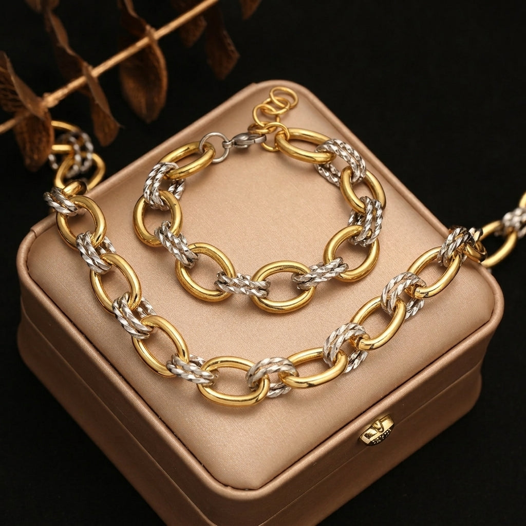 Two-Tone Chunky Paperclip Bracelet and Necklace Set