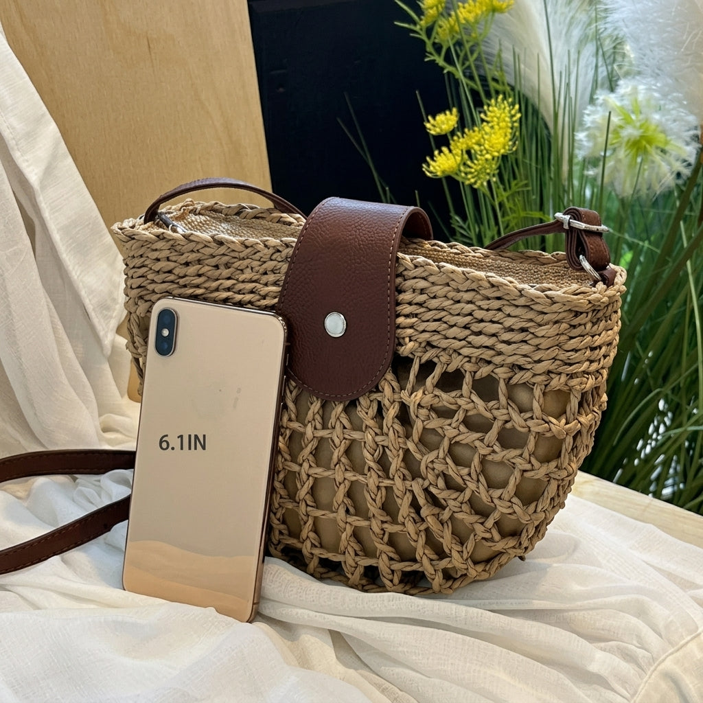 Elegant Rattan Straw Semi-Circle Bag