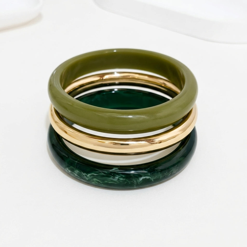 3pc Resin Green & Gold Bracelet Stack