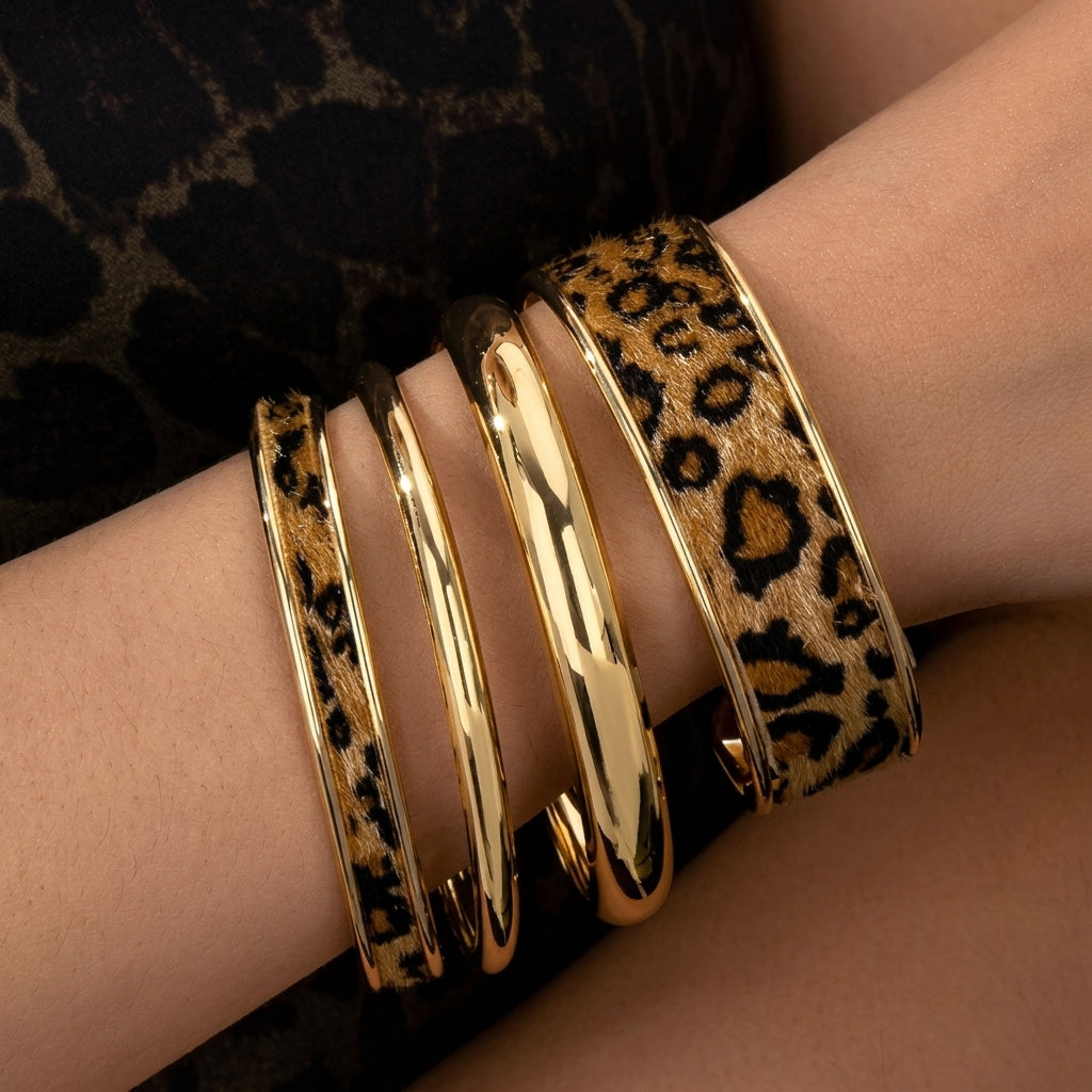 4pc Gold & Leopard Accented Bangle Stack