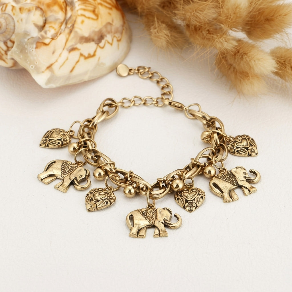 Vintage Elephant & Heart Charm Anklet