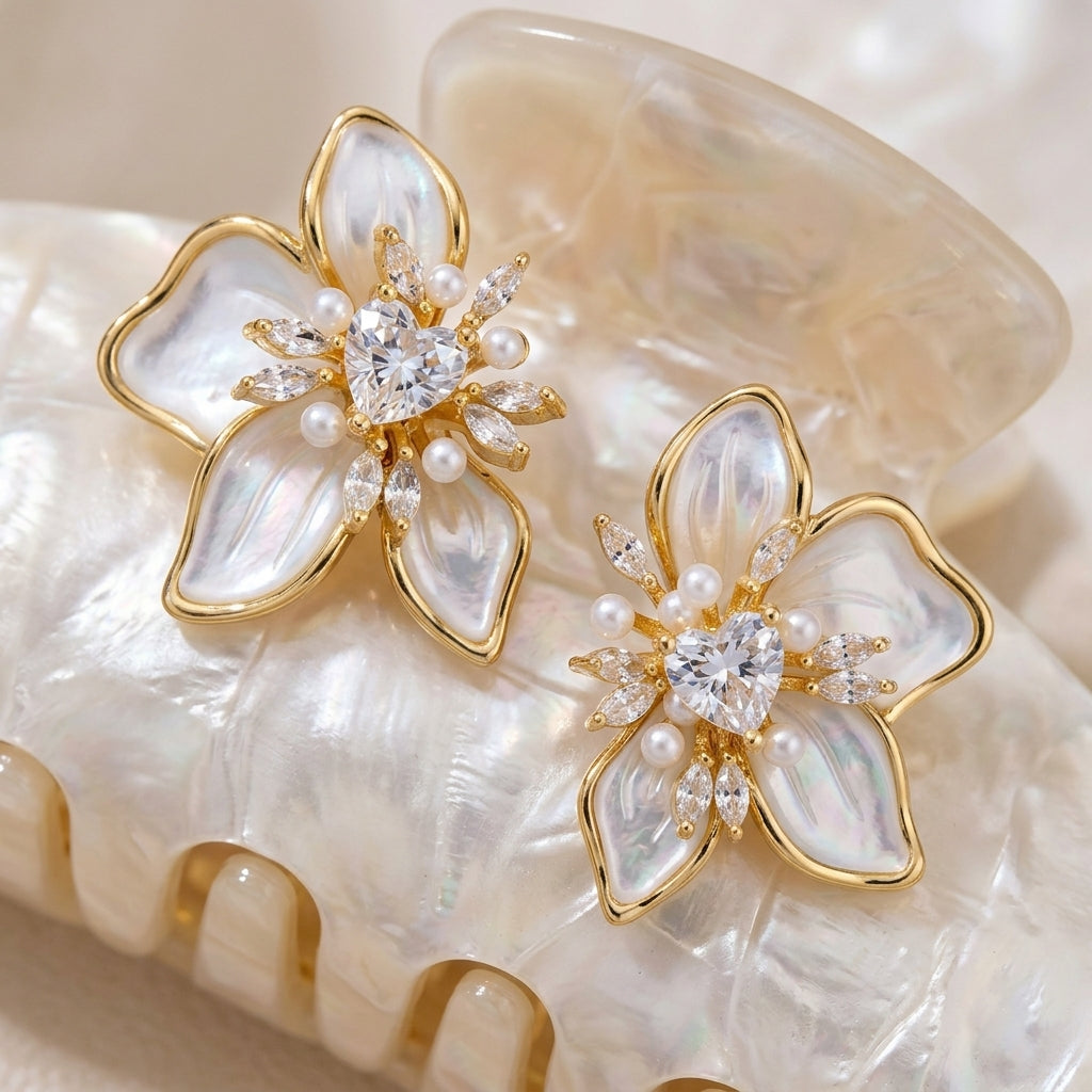 Elegant Heart Floral Pearl Earrings