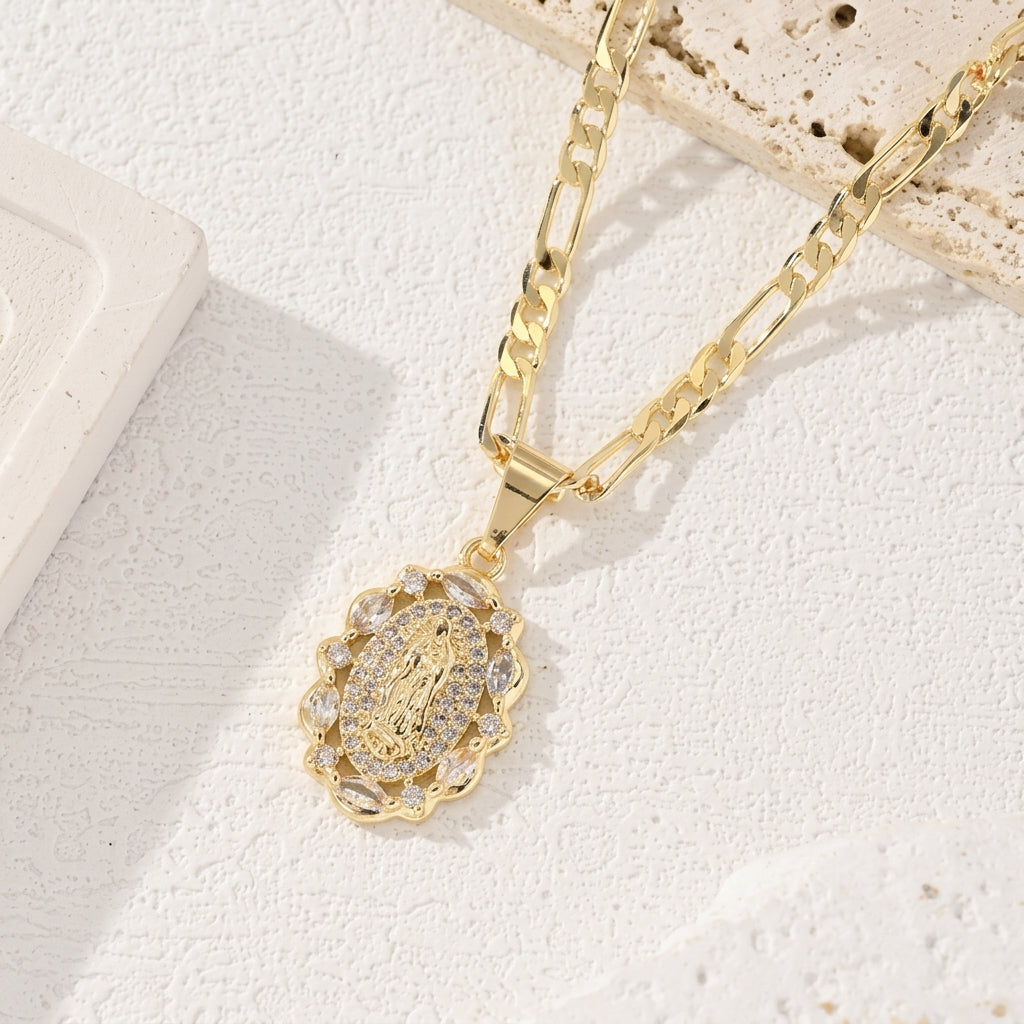 CZ Accented Halo Virgin Mary Necklace