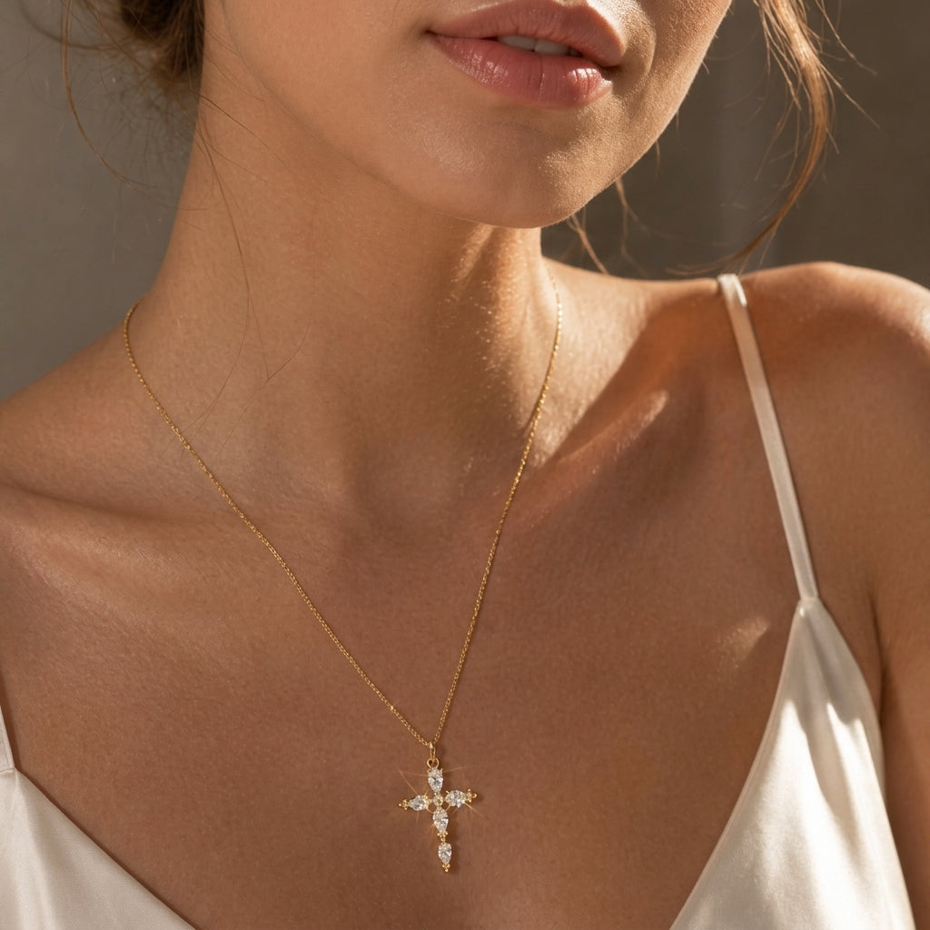 14k Pear Cut Cross Necklace