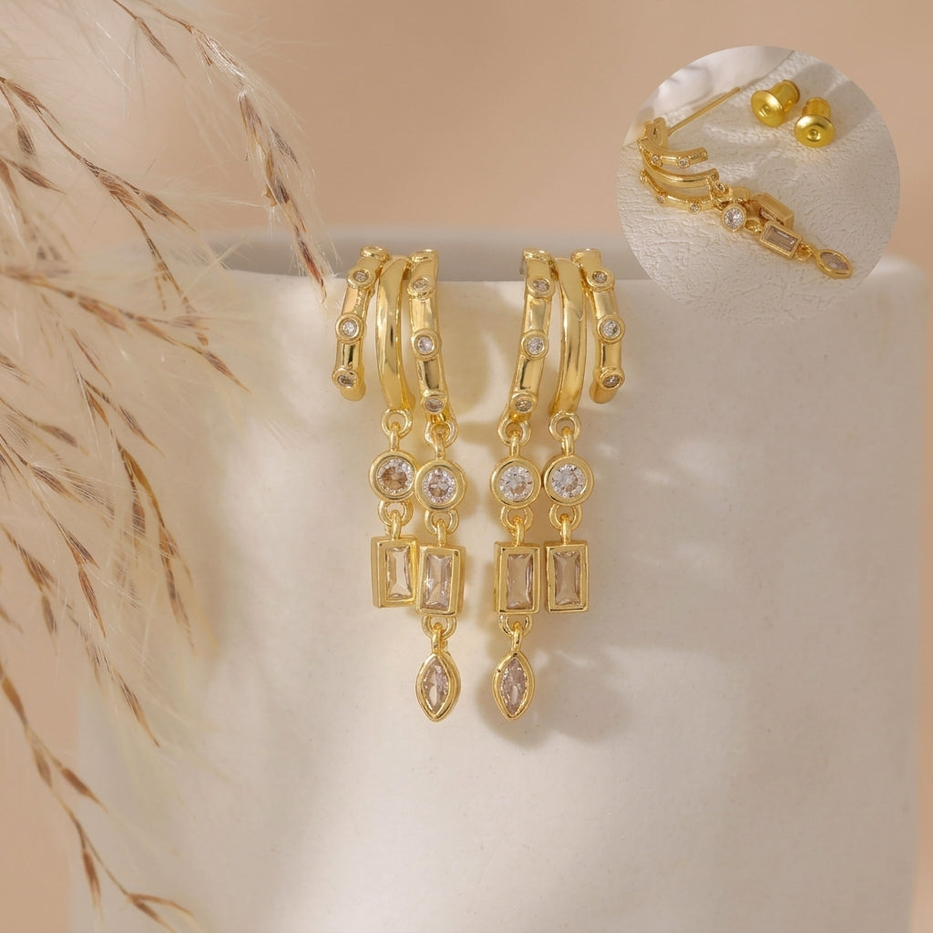 14k Triple Geometric Huggie Dangle Earrings