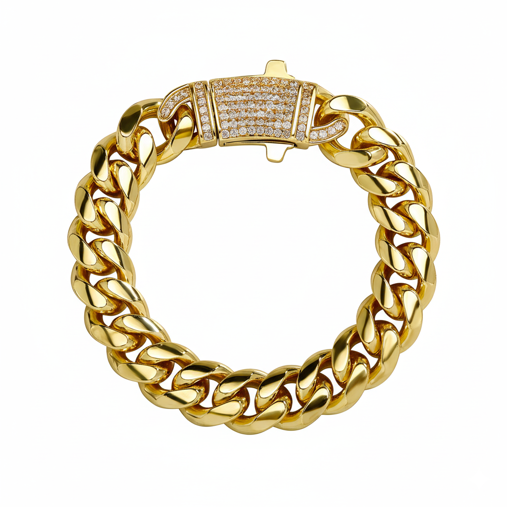 14k Chunky Diamond Accented Clasp Cuban Link Bracelet