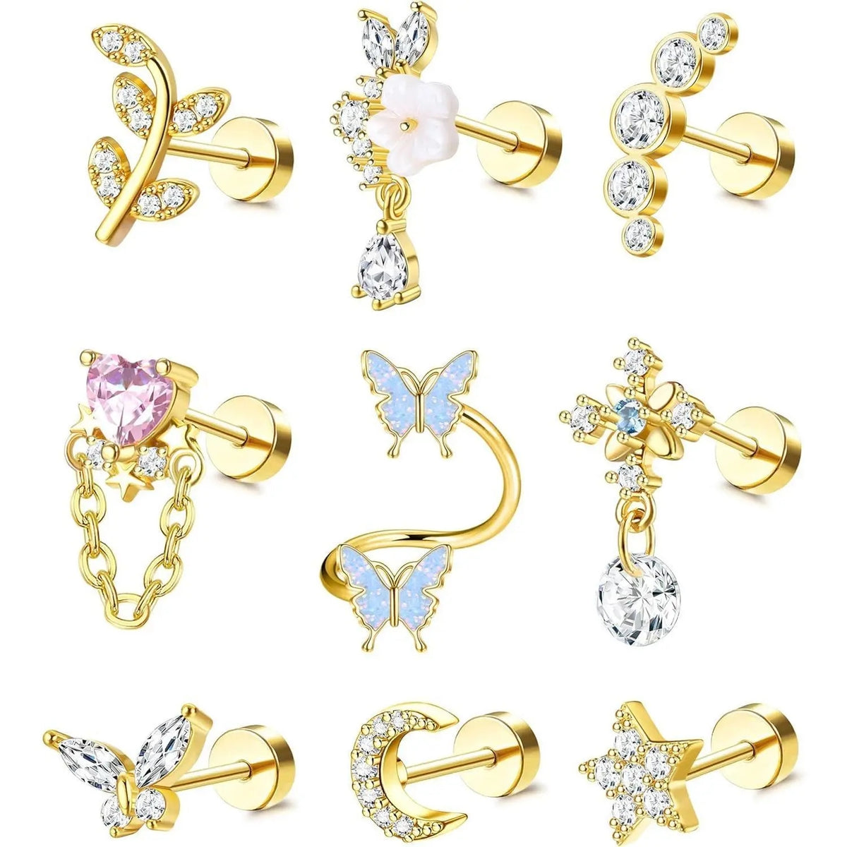 9pc Celestial Flat Back Earring Set