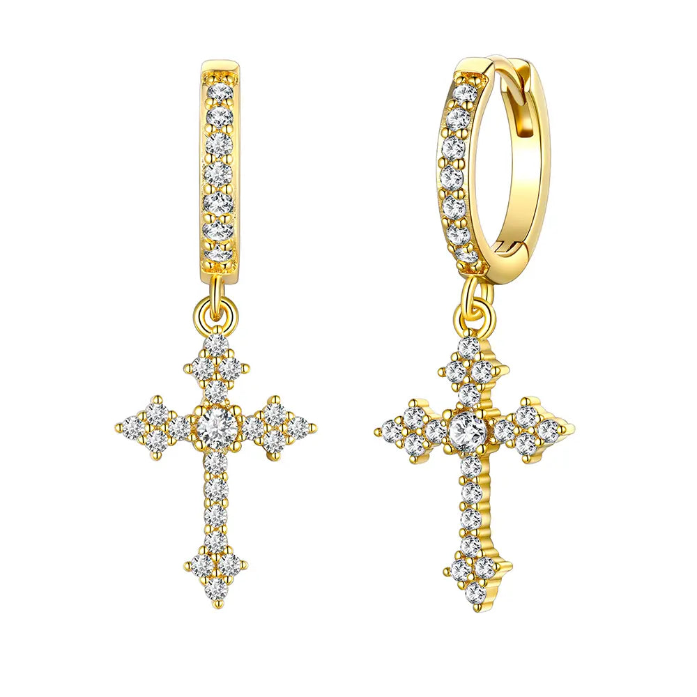 14k Sparkling Cross Dangle Hoop Earrings