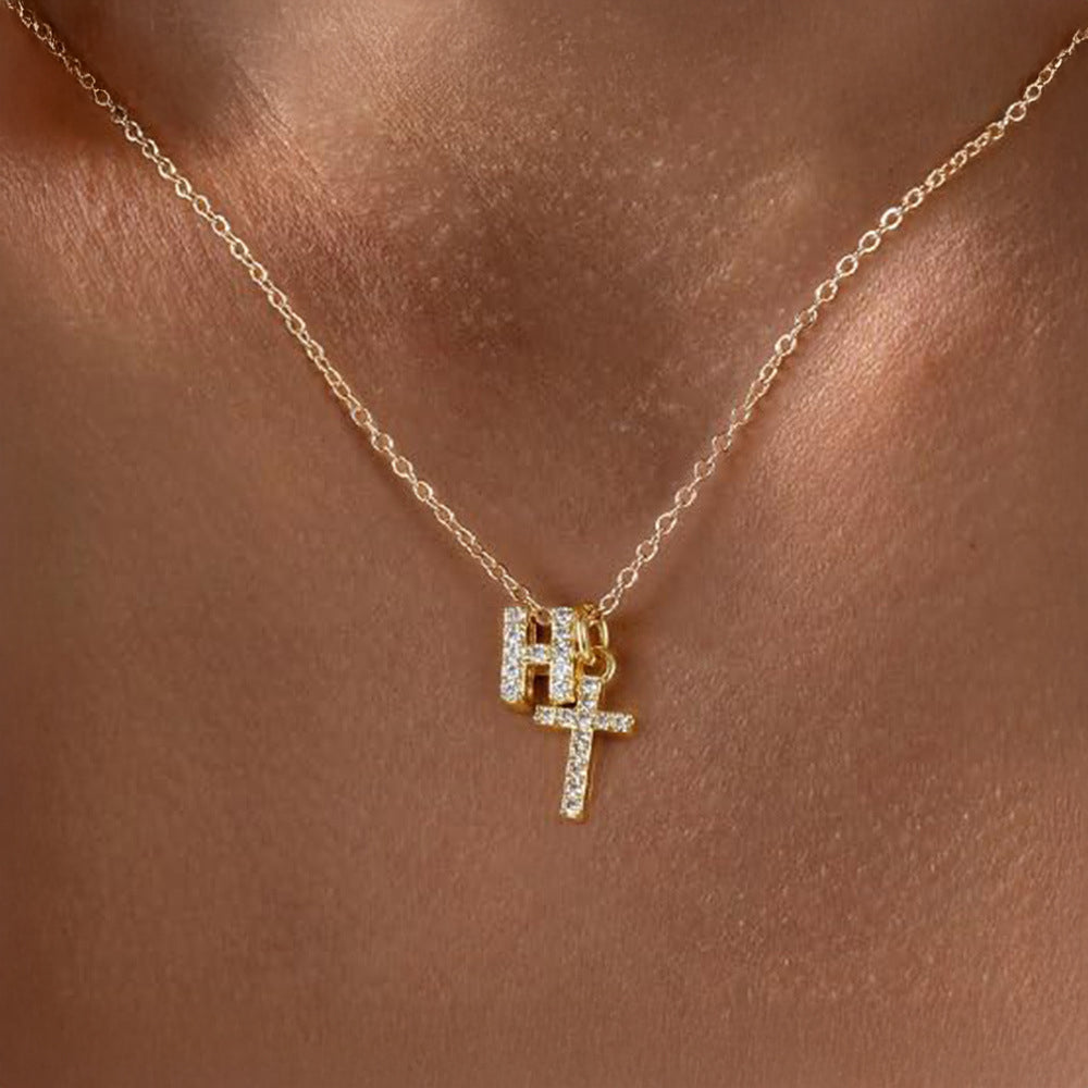 Dainty Diamond Initial & Cross Necklace