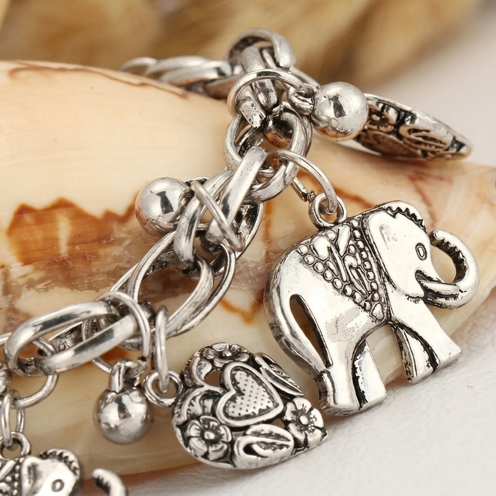 Vintage Elephant & Heart Charm Anklet