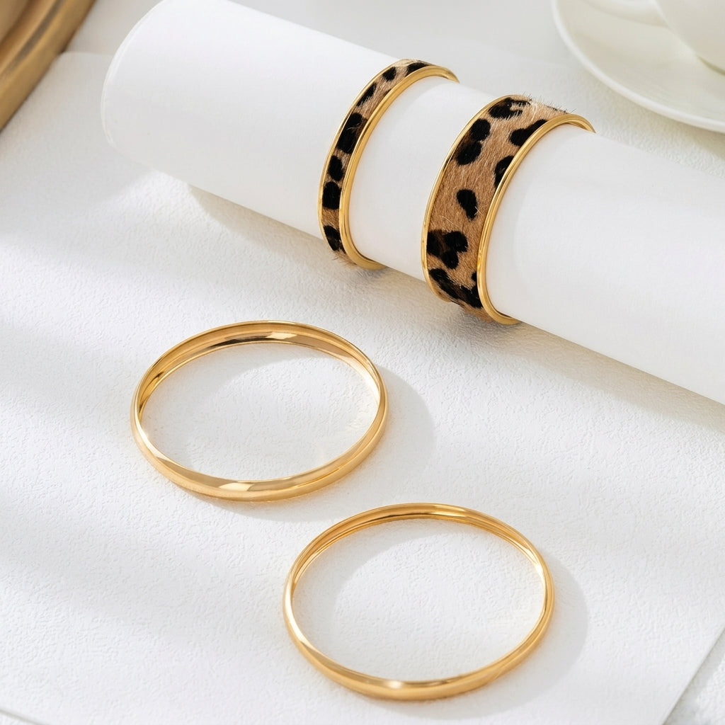 4pc Gold & Leopard Accented Bangle Stack