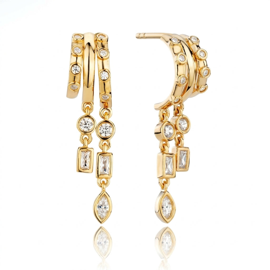 14k Triple Geometric Huggie Dangle Earrings