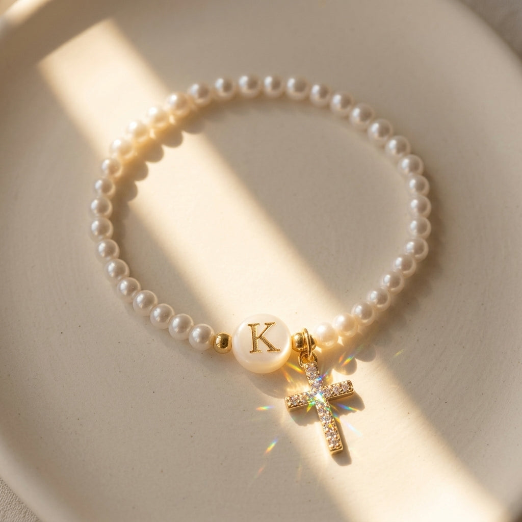 Beaded Pearl & Cross Letter Initial Bracelet
