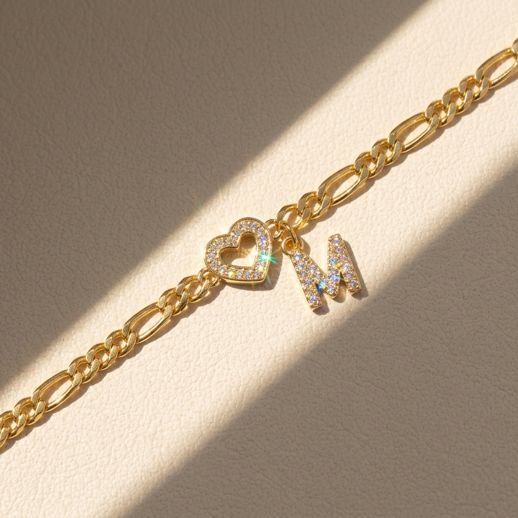 Heart & Letter Initial Figaro Chain Bracelet