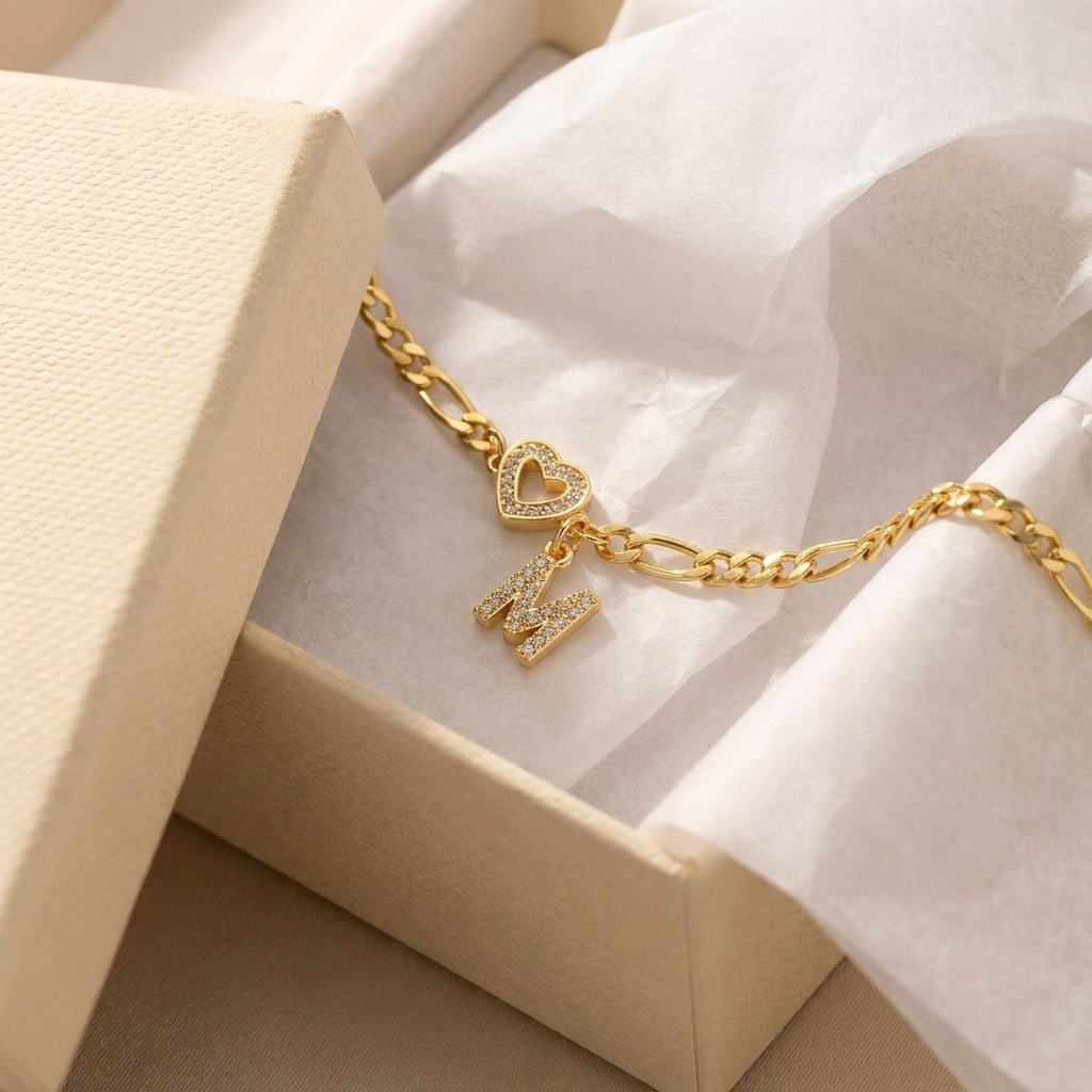 Heart & Letter Initial Figaro Chain Bracelet