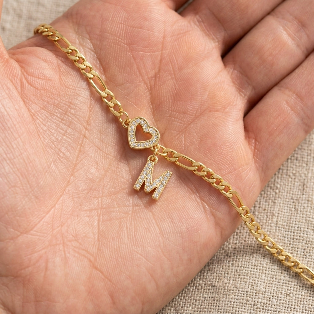 Heart & Letter Initial Figaro Chain Bracelet