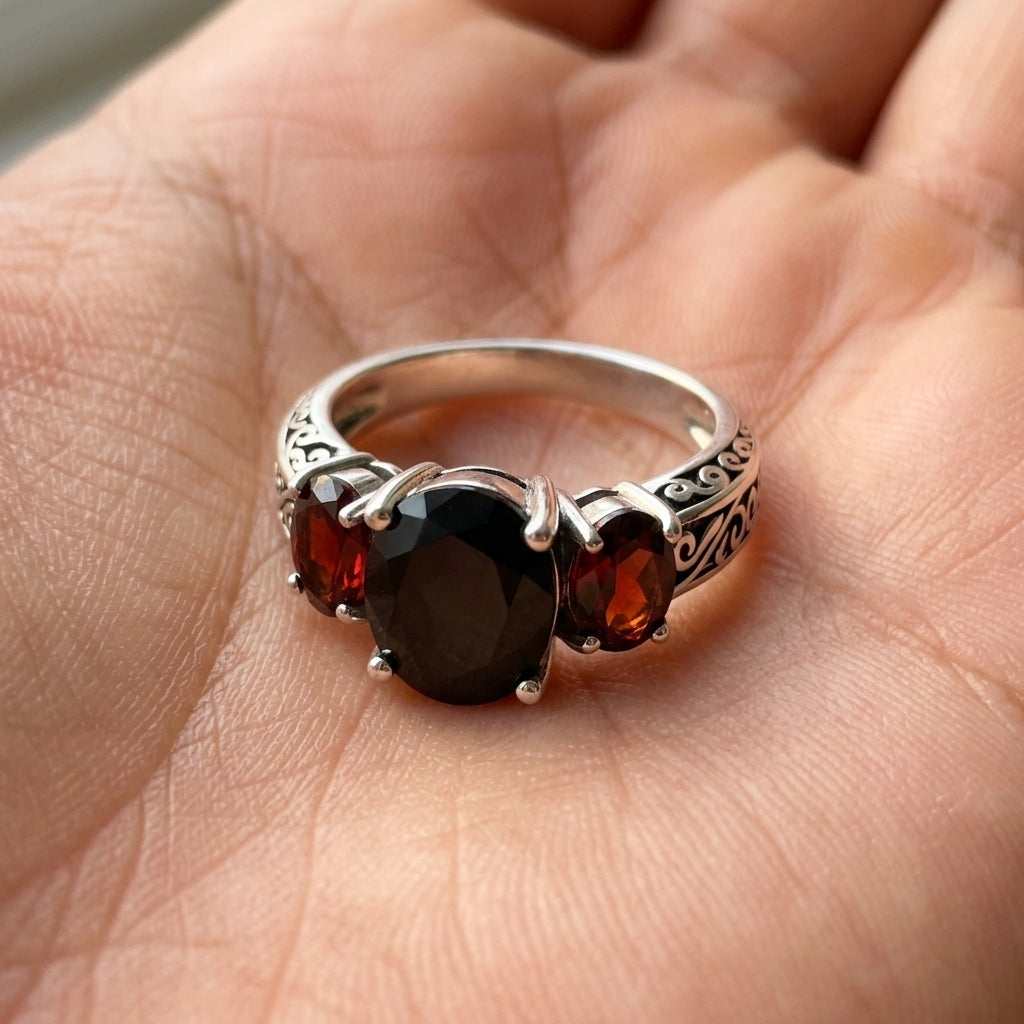 Onyx & Red Triple Stone Set Ring
