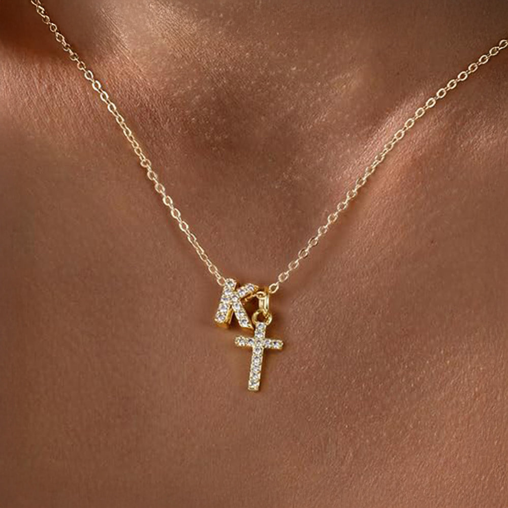 Dainty Diamond Initial & Cross Necklace