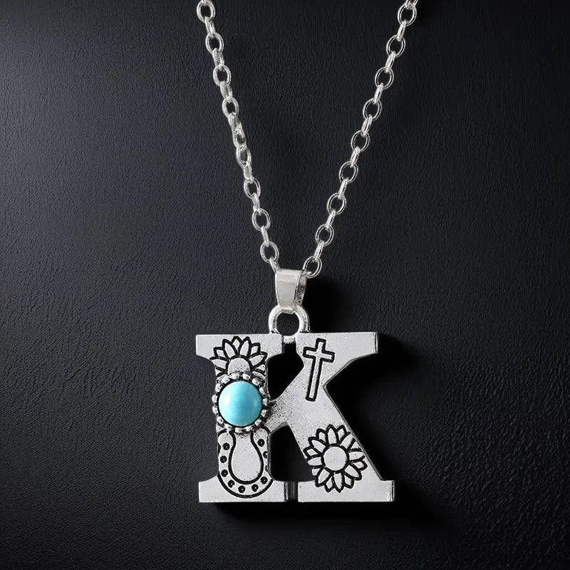 Boho Turquoise Accented Letter Initial Necklace