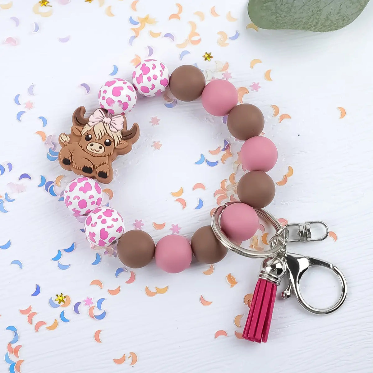 Cute Cow Charm Beaded Wrist Keychain