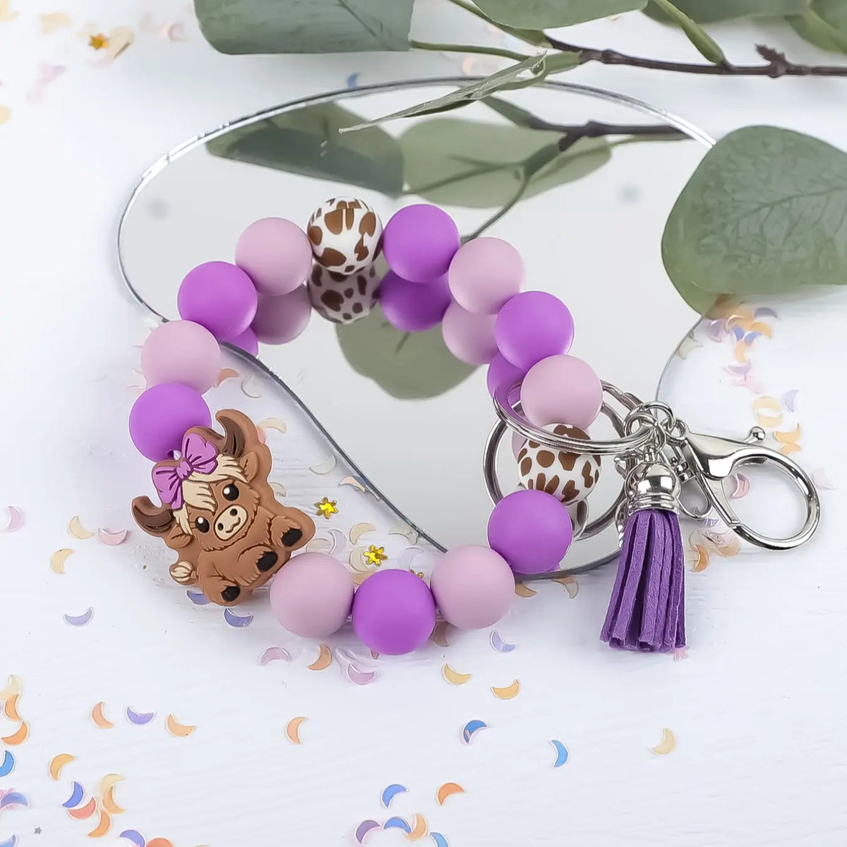 Cute Cow Charm Beaded Wrist Keychain