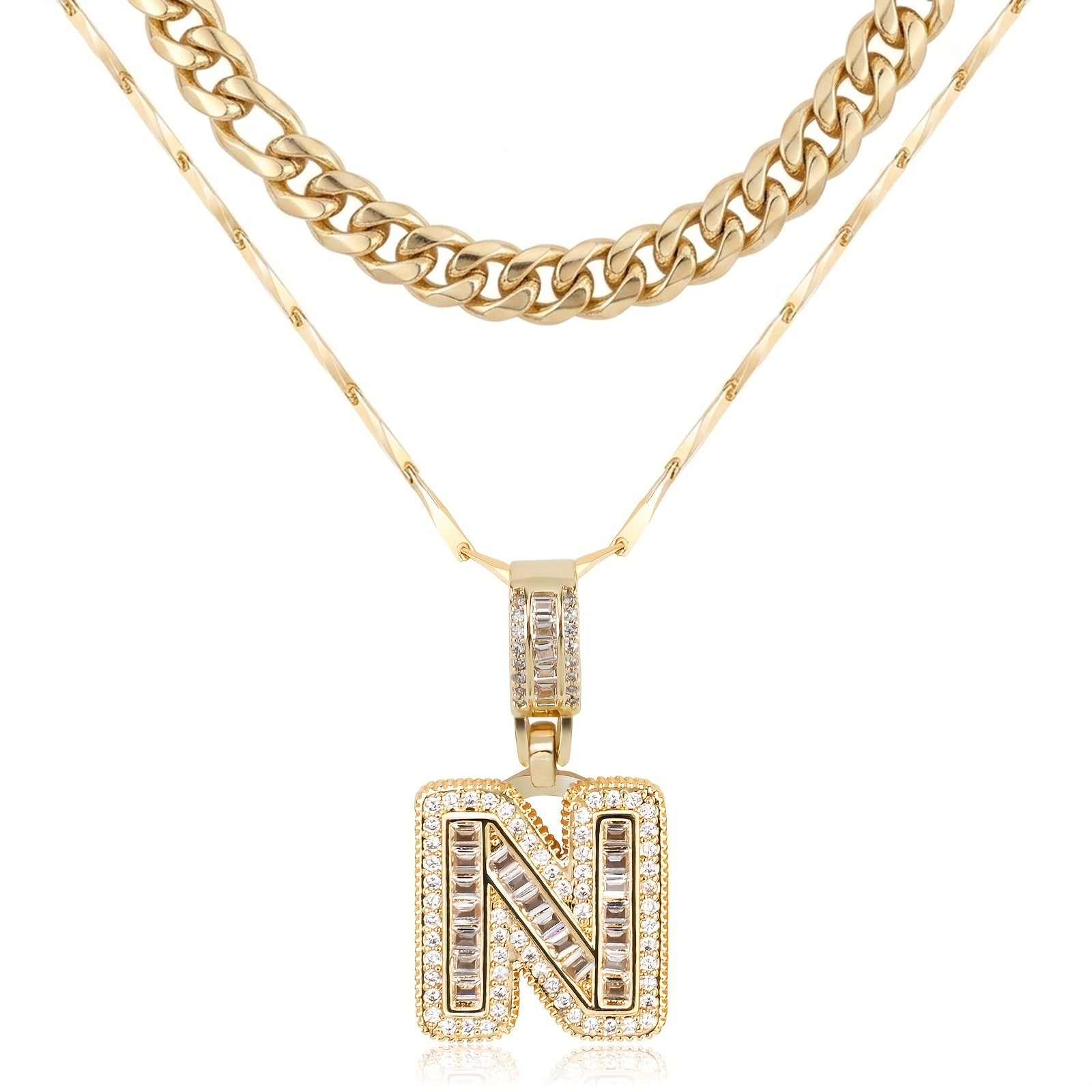 2pc 14k Layered Cuban & Initial Necklaces