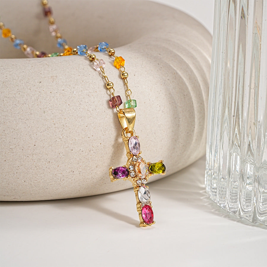 Dainty Colorful Gem Set Cross Necklace