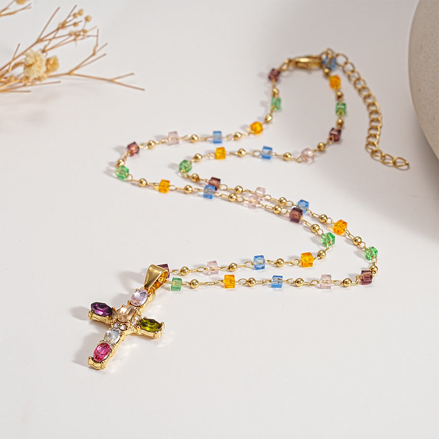 Dainty Colorful Gem Set Cross Necklace