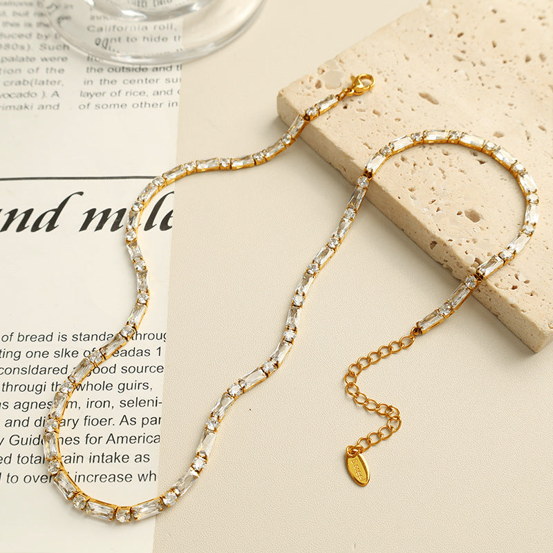 14k Dainty Baguette and Round Tennis Necklace
