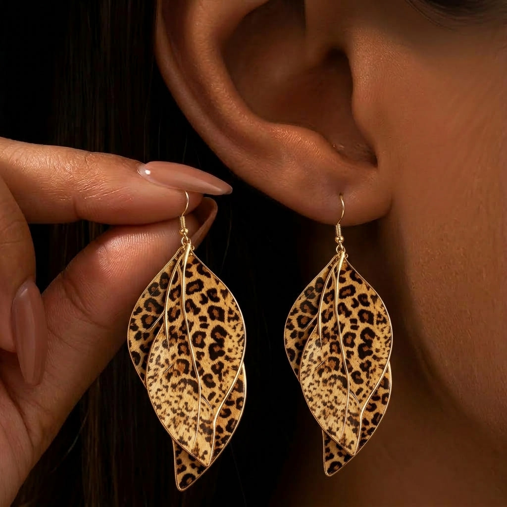 Bold Leopard Print Layered Leaf Earrings