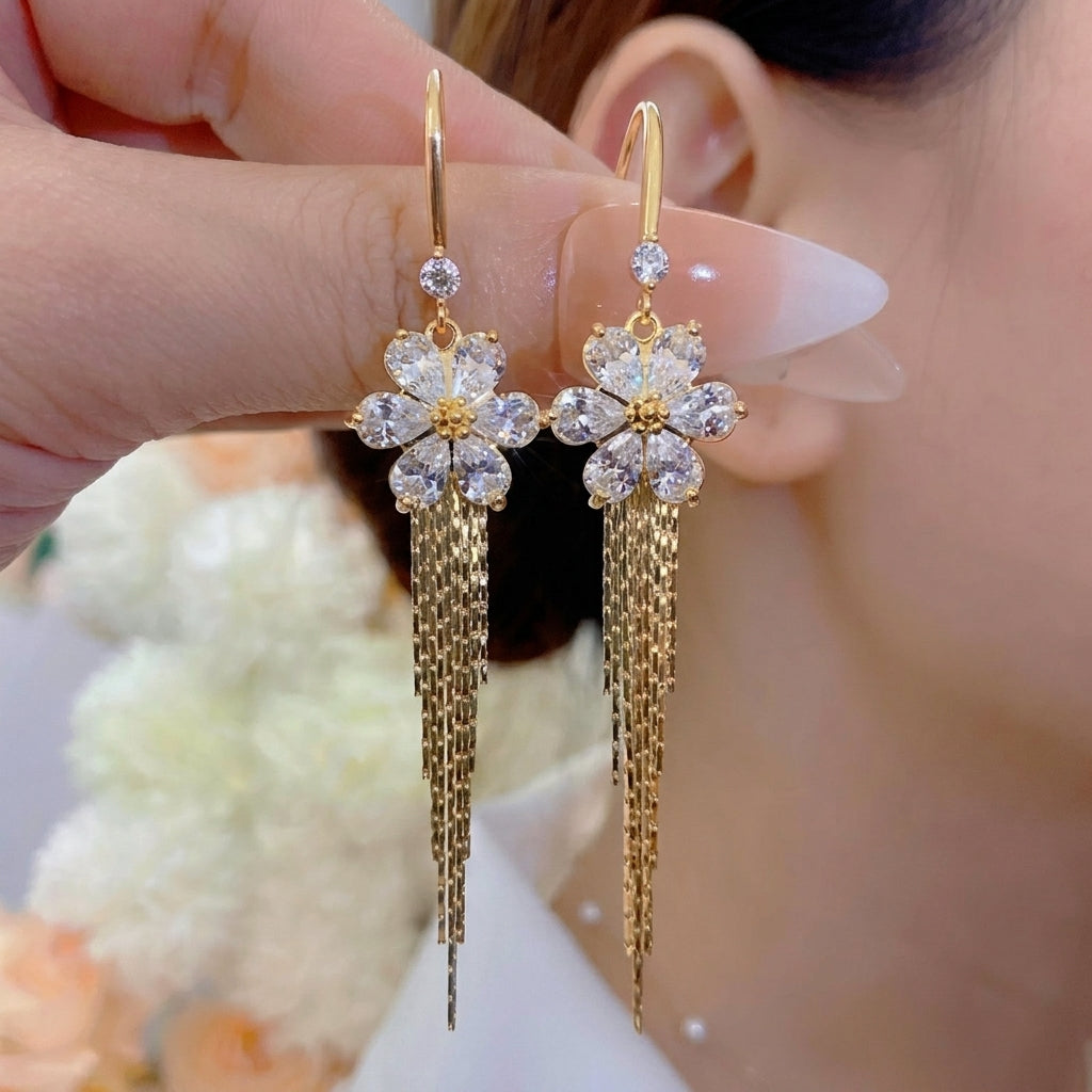14k Crystal Floral Tassel Earrings