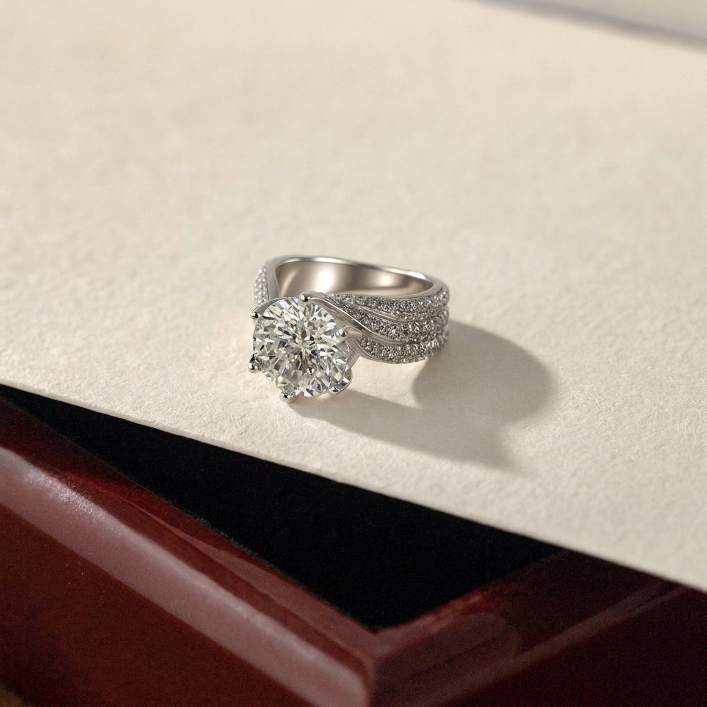 Elegant Wave Pave Shoulder Solitaire Ring