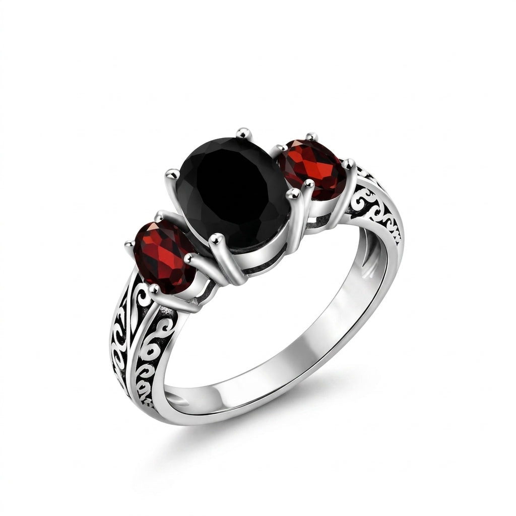 Onyx & Red Triple Stone Set Ring