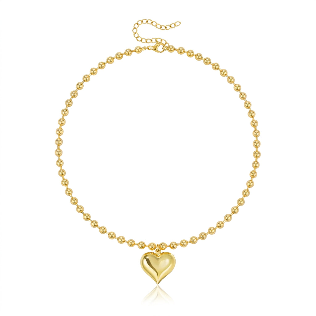 14k Beaded Chain Bubble Heart Necklaces