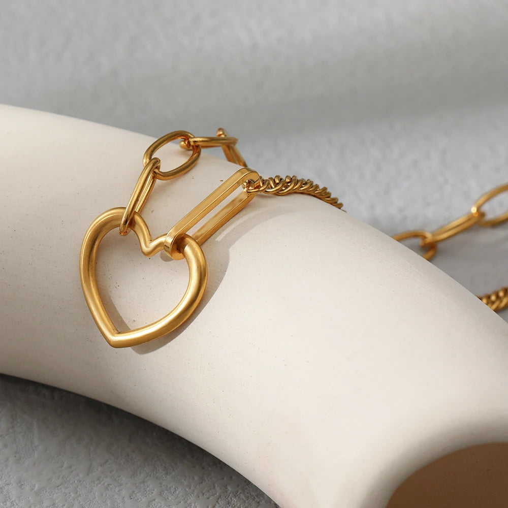 18k Paperclip & Curb Chain Heart Pendant Necklace
