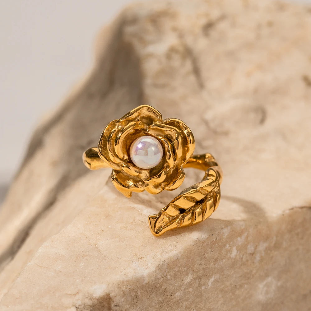 Adjustable Pearl Camellia Flower Ring