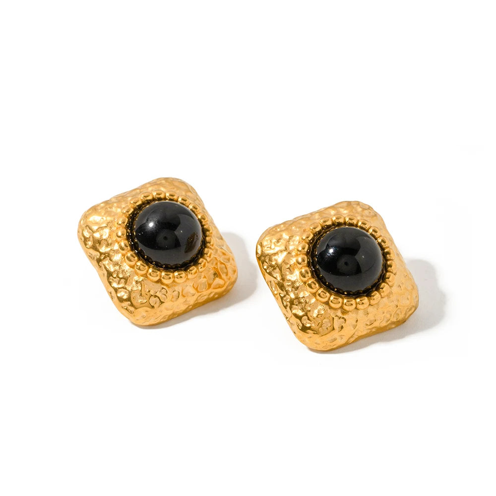 Hammered Square Onyx Earrings