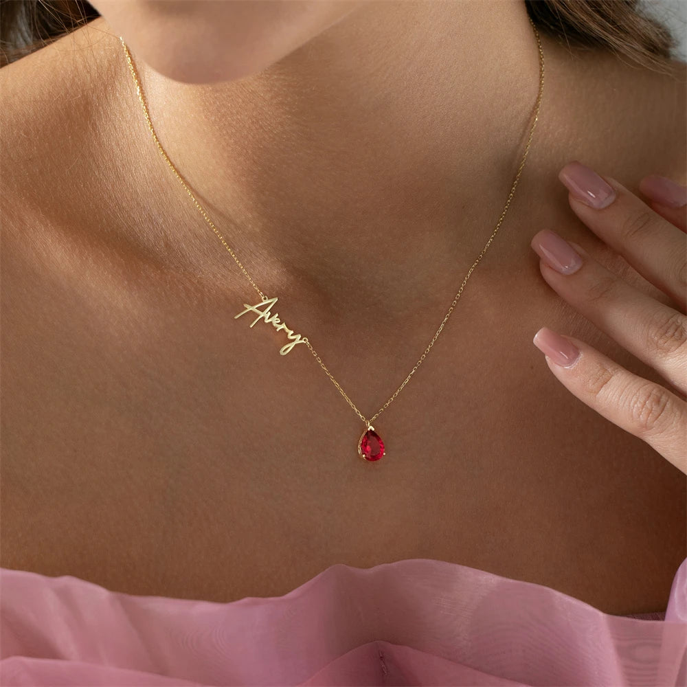 Dainty Name & Teardrop Birthstone Necklace