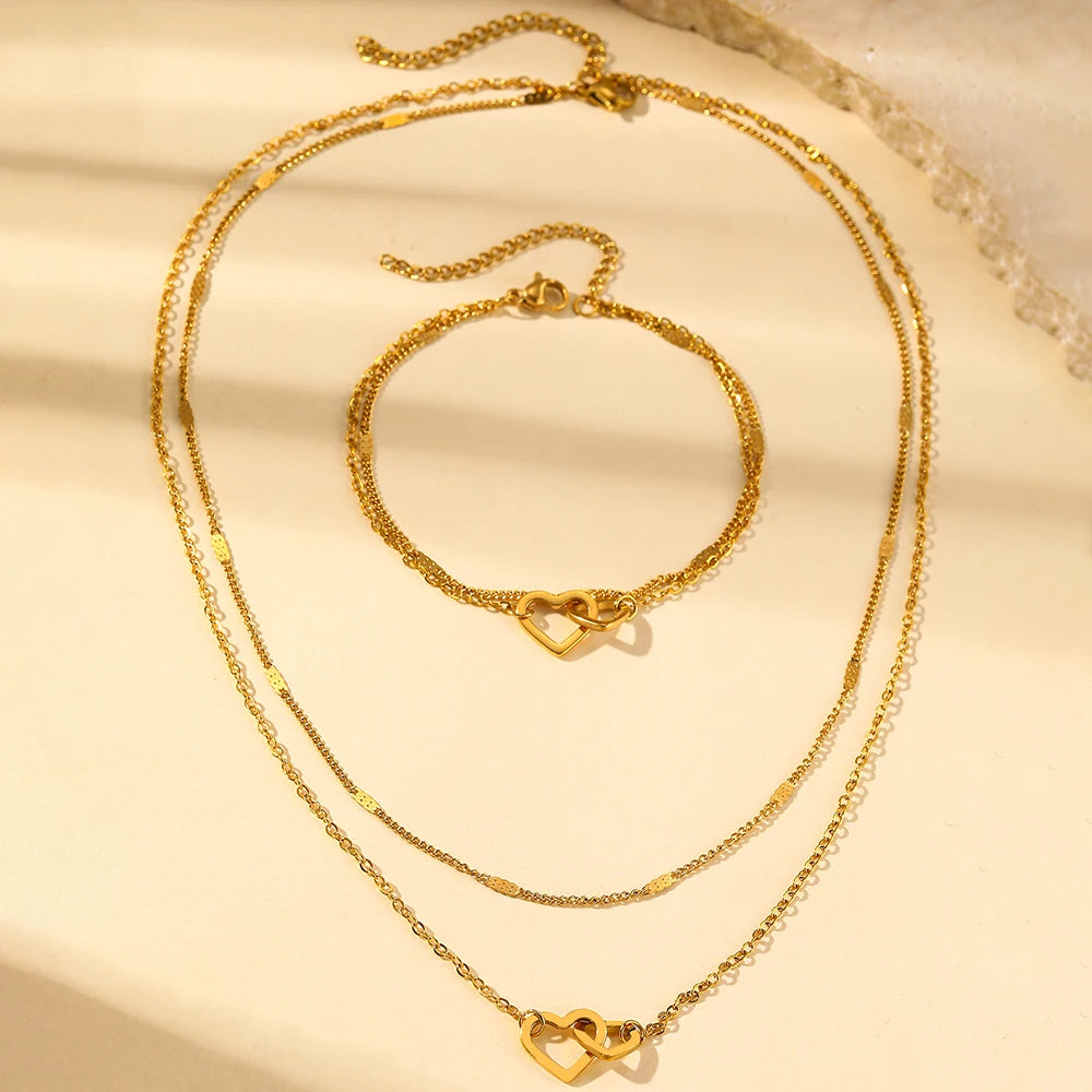 Dainty Curb & Chain Link Dual Heart Necklace and Bracelet Set