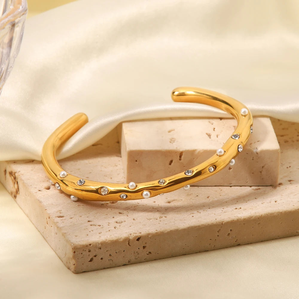 Diamond & Pearl Embedded Bangle Bracelet