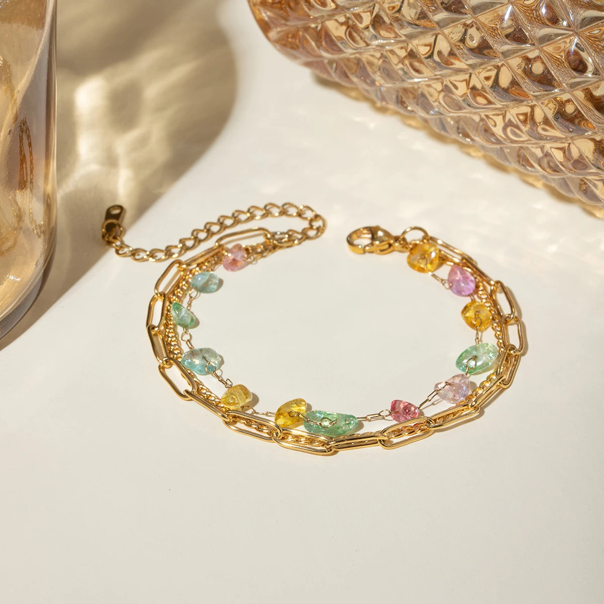 18k Stacked Curb, Paperclip, & Crystal Bracelet