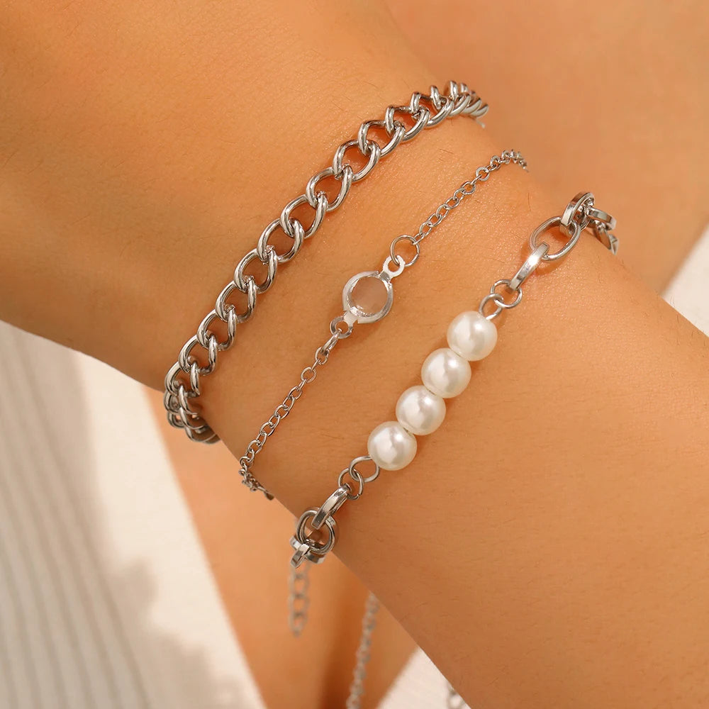 Elegant Pearl Crystal Chain Bracelet Stack