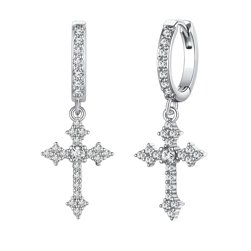 14k Sparkling Cross Dangle Hoop Earrings