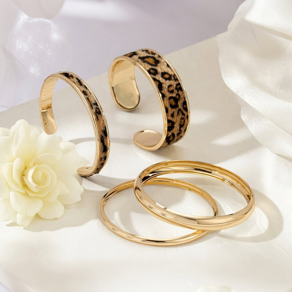 4pc Gold & Leopard Accented Bangle Stack